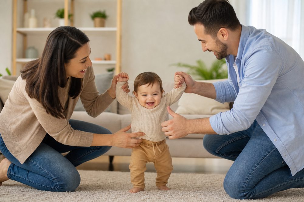 笑顔の両親と子どもがリビングルームで遊んでいる家族の安心した生活の様子