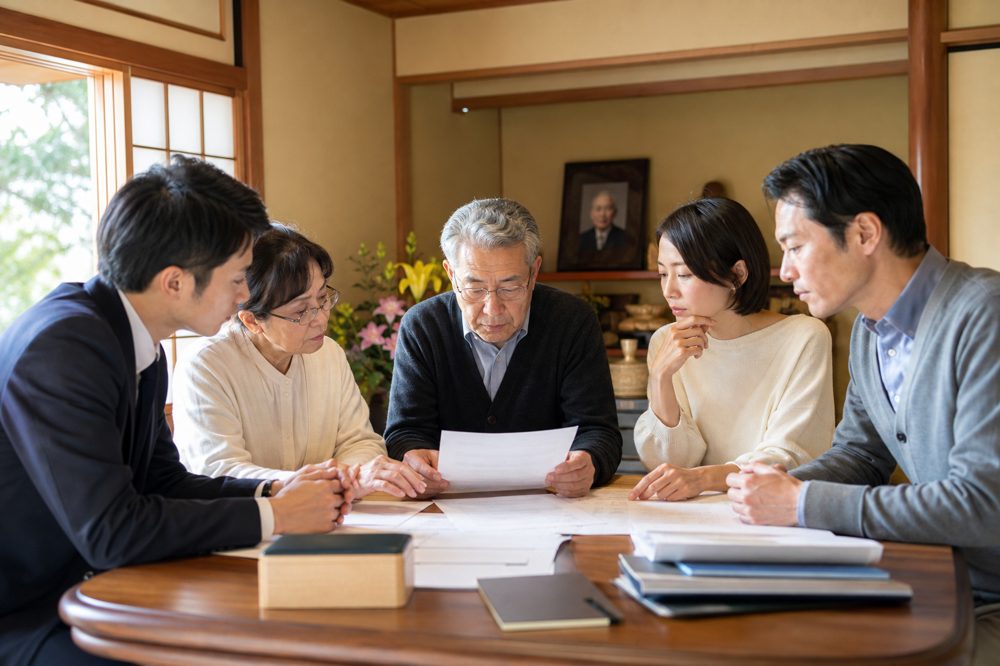 家族が集まって相続書類を確認している様子