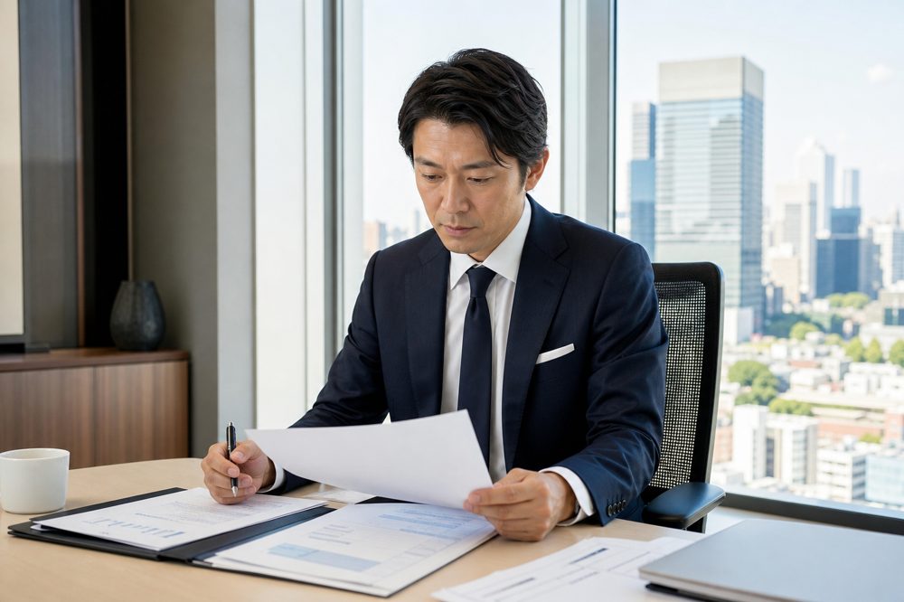 東京都の補助金書類を確認する中小企業経営者