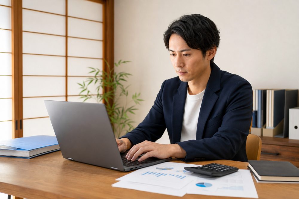 補助金の申請書類を作成する中小企業の経営者