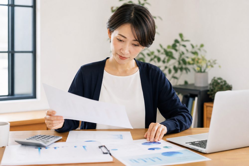 助成金申請書類を確認する中小企業経営者