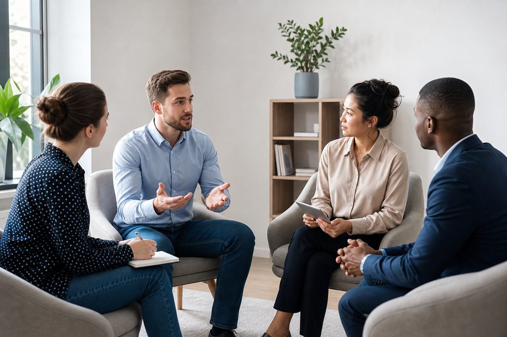 中小企業のチームが育休制度について話し合うミーティングの様子