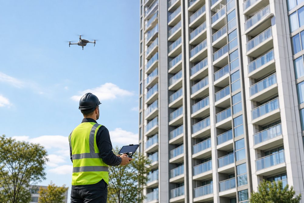 専門オペレーターが地上でドローンを操縦して高層マンションの外壁調査を行っている様子