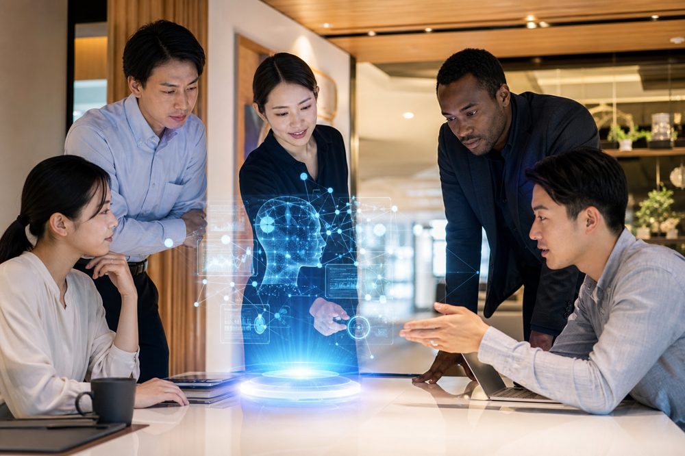 中小企業の社員たちがAIホログラフィックインターフェースを囲んで協働している場面