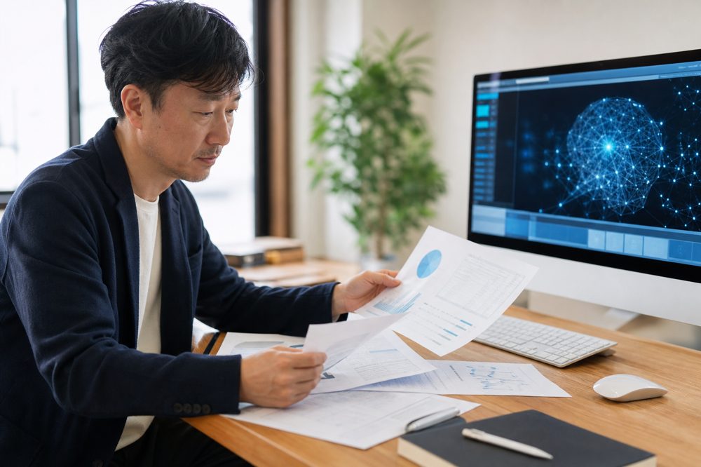 中小企業の経営者が補助金申請書類とAIソフトウェア画面を確認している場面