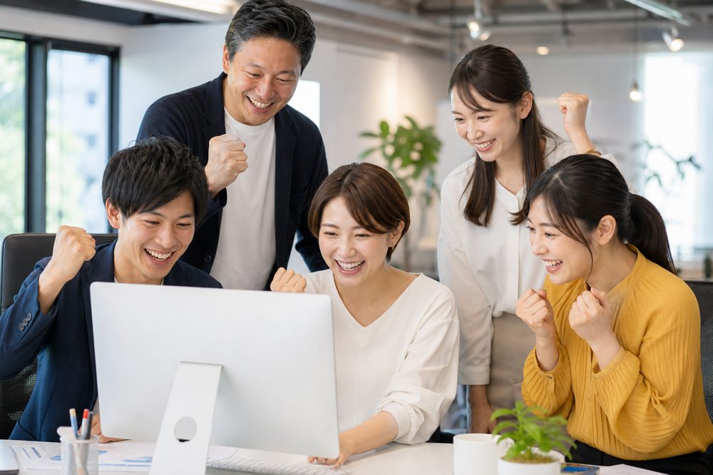 中小企業チームがAI活用による業務改善の成果を画面で確認して喜んでいる場面