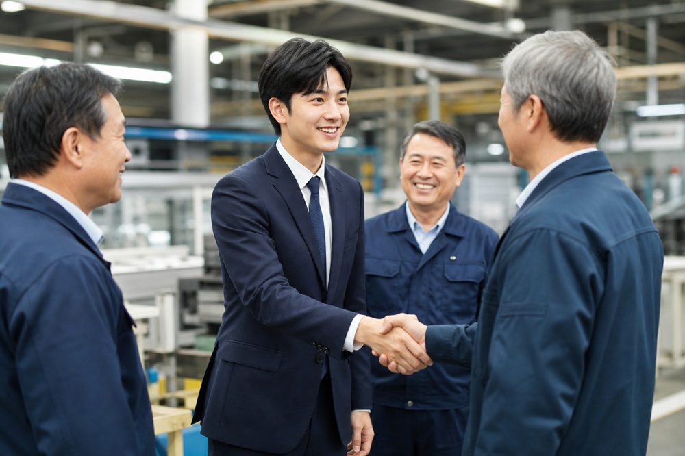 工場で幹部社員と握手する若い後継者