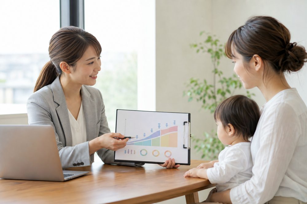 FPが子育て中の母親にライフプランを説明している様子