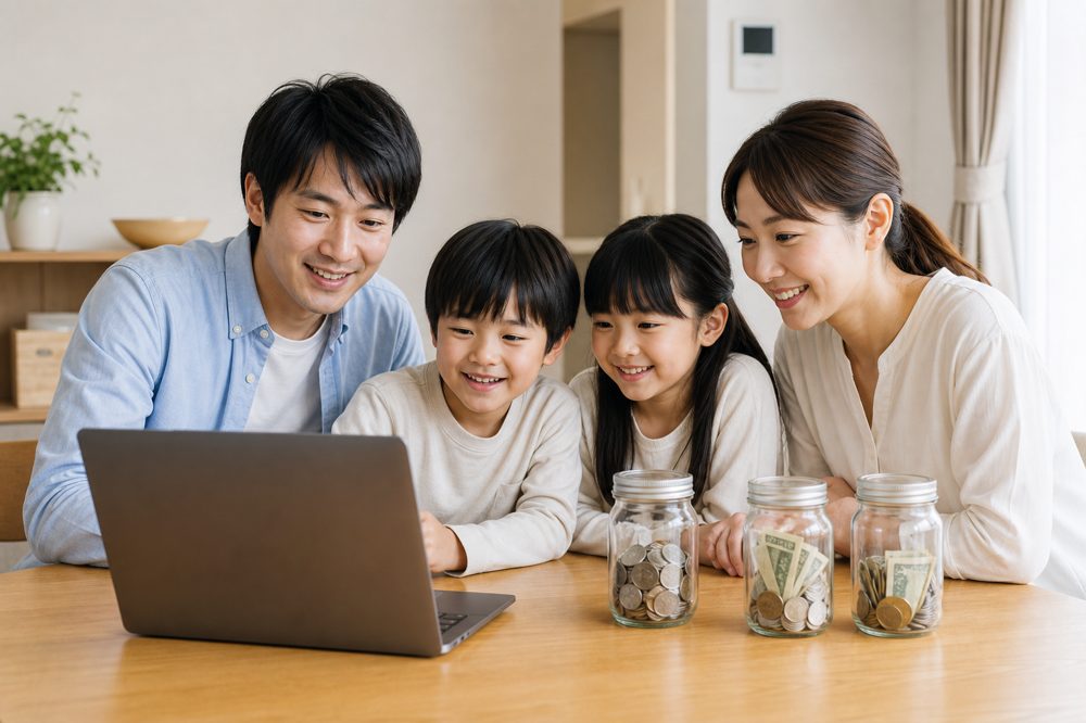 子育て世帯が将来の教育費と老後資金をNISAで準備している様子