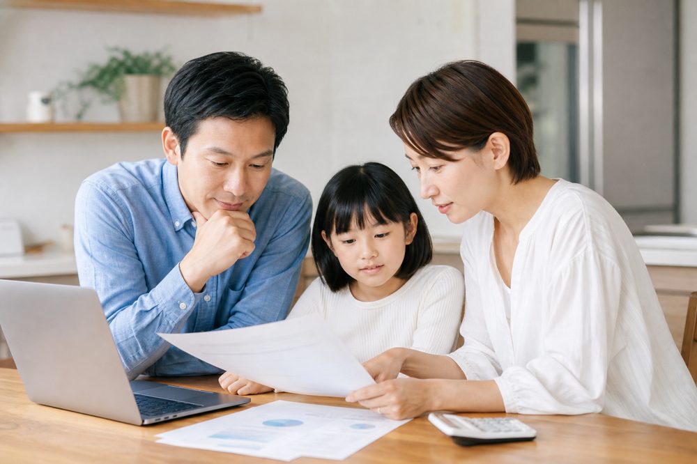家族で保険証券と家計簿を確認している様子