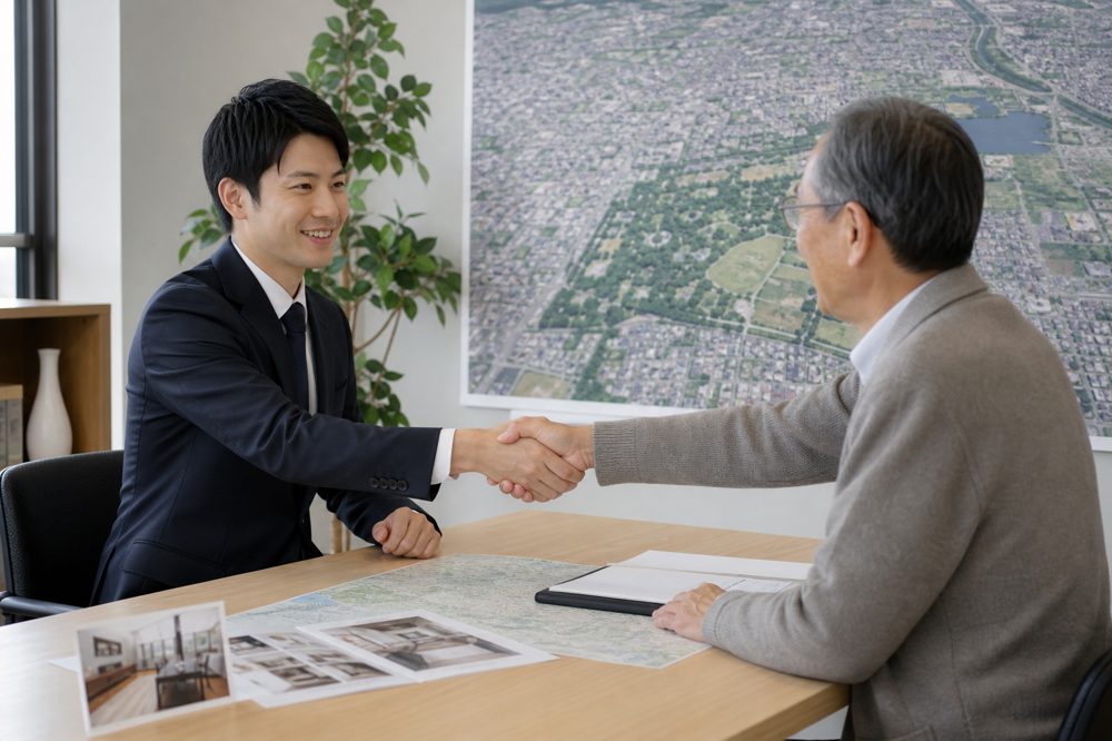 奈良の不動産会社でワンルームマンション売却契約を結ぶイメージ