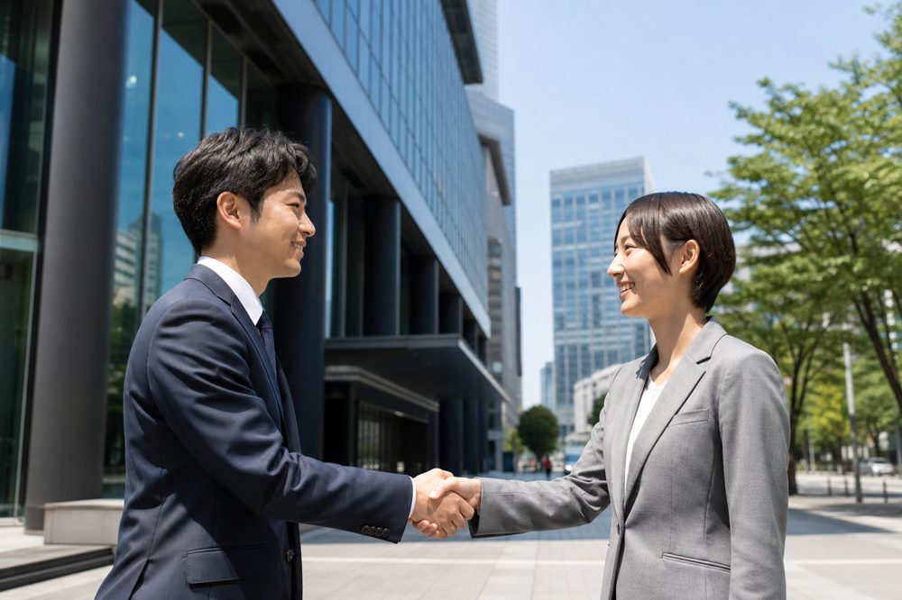 事業用不動産の売却契約が成立し握手するビジネスパーソン