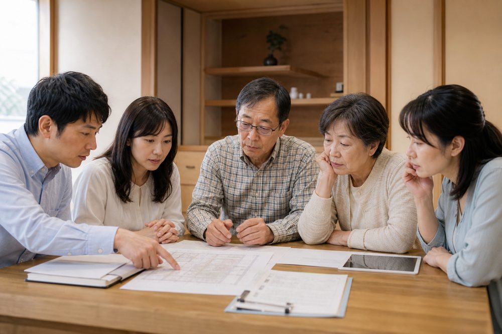 相続した空き家の書類を確認する家族のイメージ