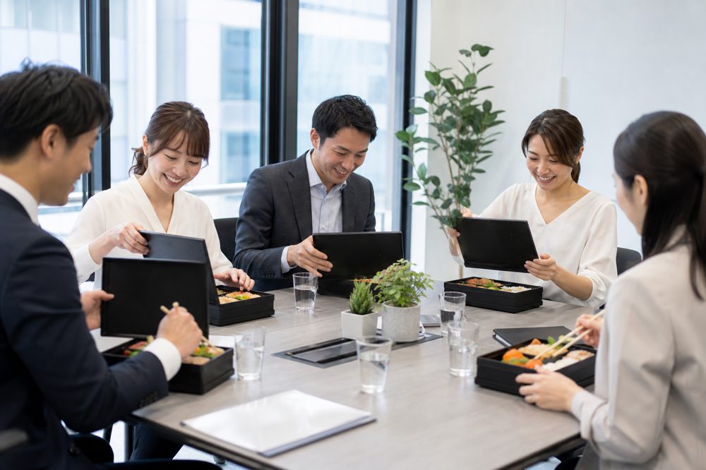 会議室で弁当を食べながら昼食会議をする社員たちのイメージ