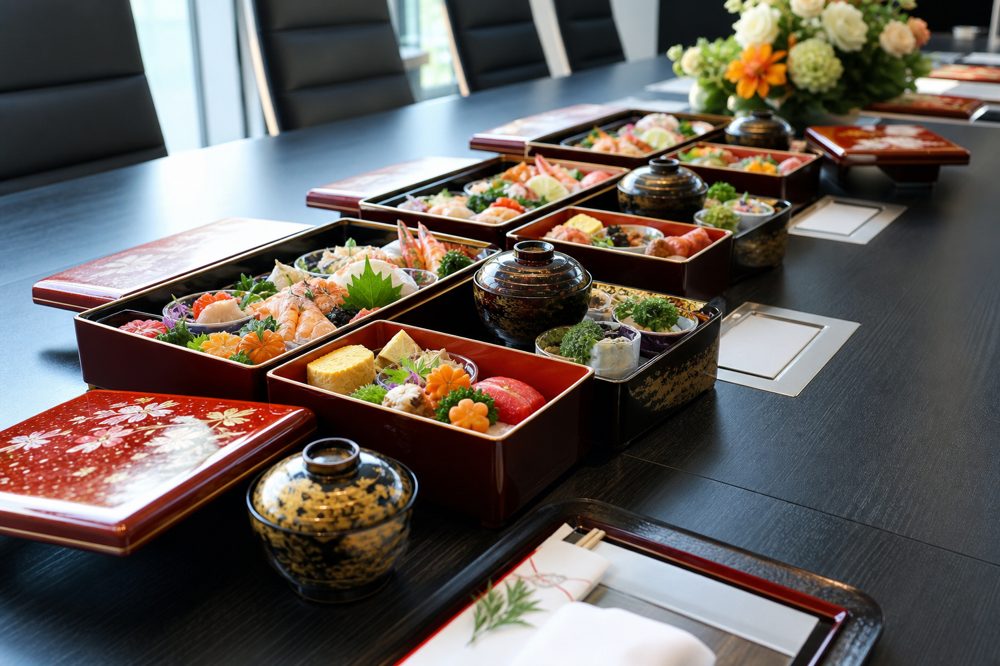 役員会議室に並んだ高級仕出し弁当の整然とした配膳シーン