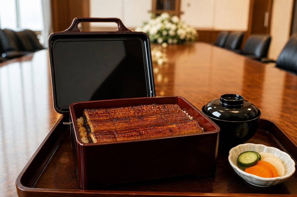 会議室に並ぶ高級うな重の接待弁当