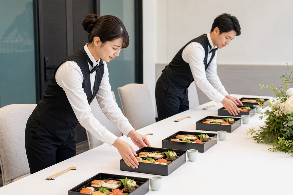 法人向け高級弁当のセッティング作業