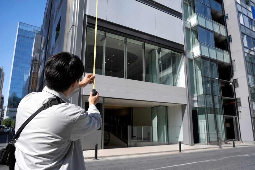 東京の商業地区でビルのファサードを測定する看板の専門家による現地調査