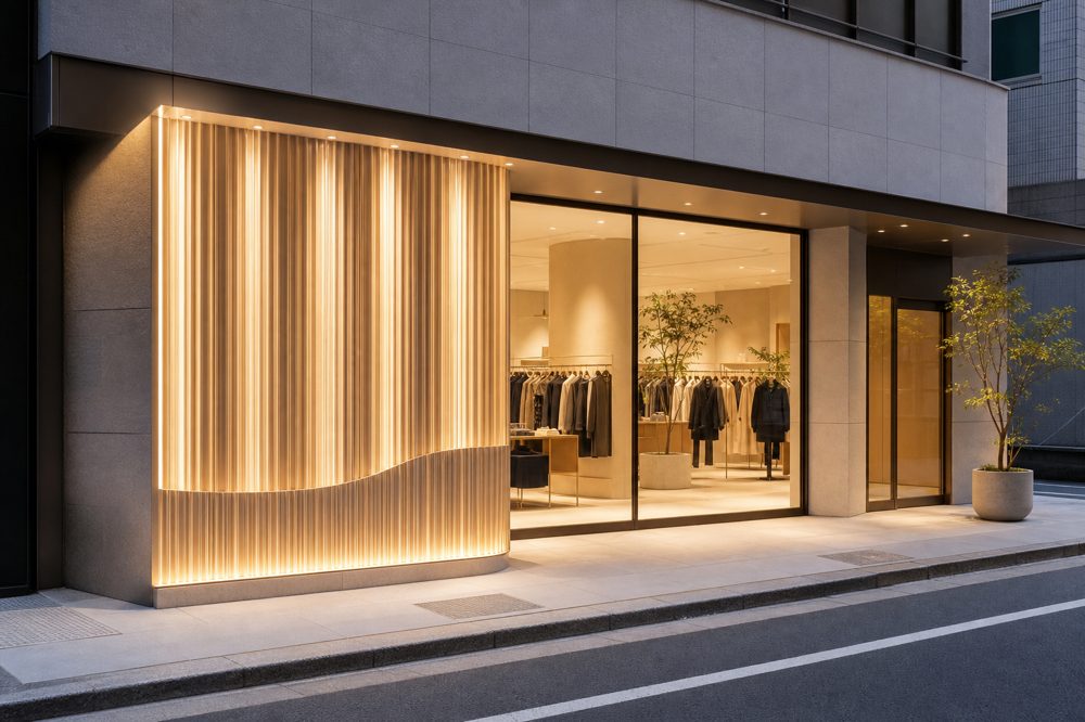 東京の現代的な小売店外観に設置されたカスタム看板の完成例