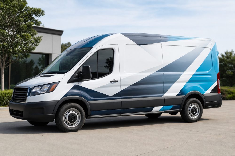 フルカスタムビニールラッピングが施された商用バンが屋外に駐車されている様子