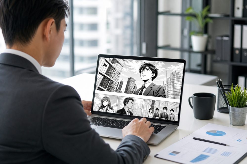 採用LPのマンガコンテンツをノートパソコンで確認する採用担当者