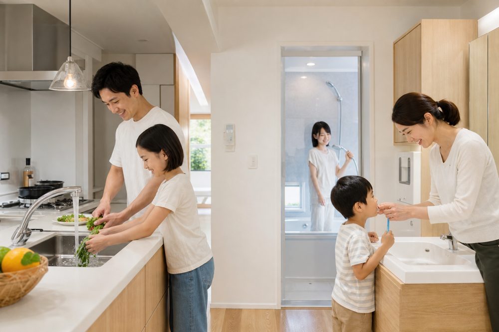 家族全員がウルトラファインバブル水を家中で活用するイメージ
