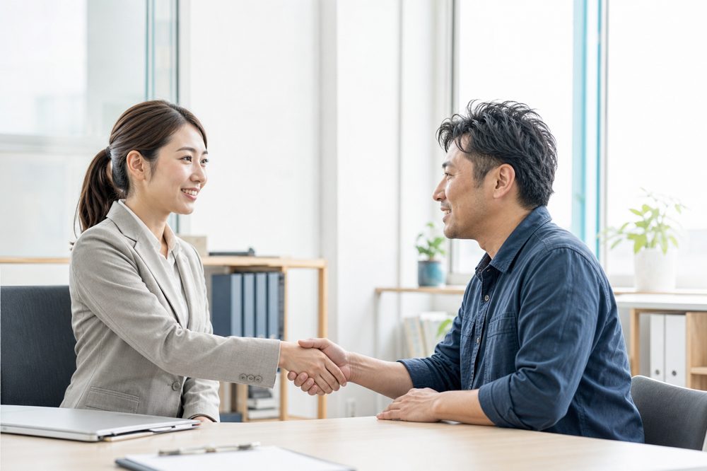 社会保険労務士と中小企業経営者が握手している様子