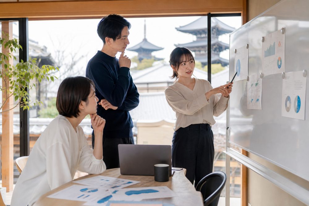 京都のオフィスで事業計画のホワイトボードを囲み協議するチーム