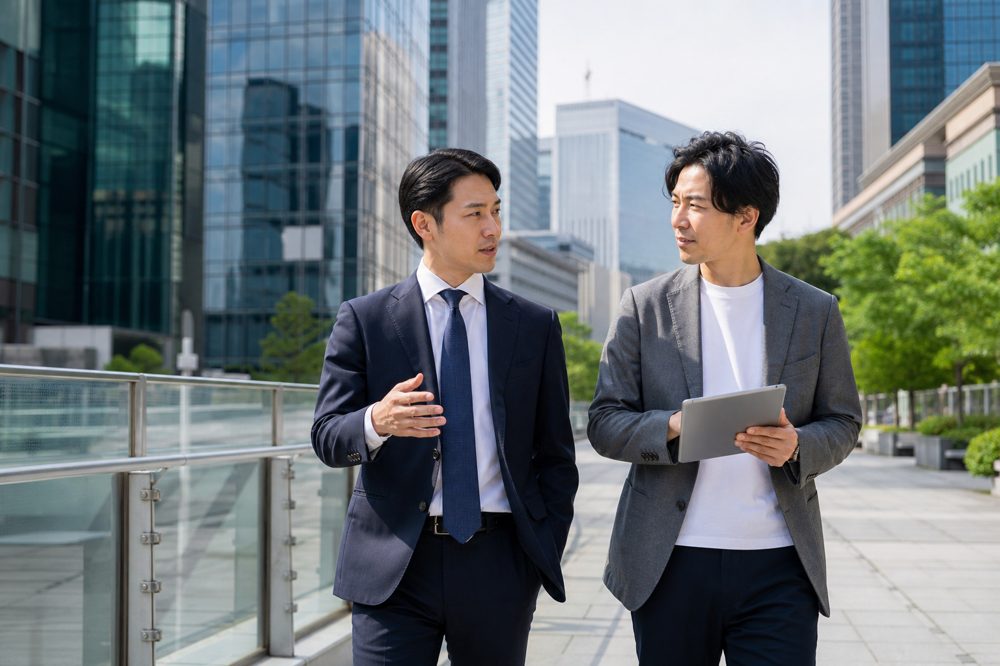 大阪のビジネス街を歩きながら成長戦略を話し合うコンサルタントと創業者