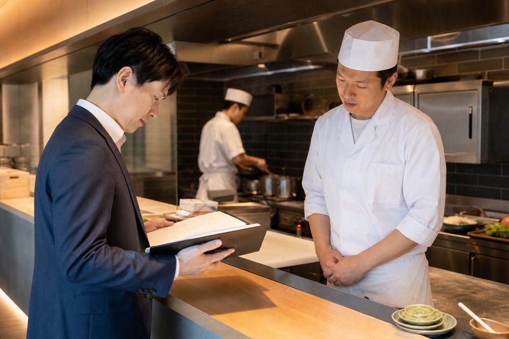 保健所の検査員が飲食店の厨房衛生書類を確認している様子