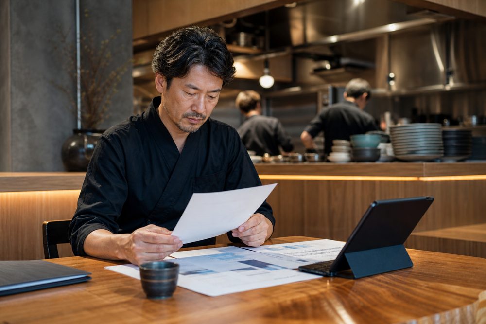 東京の飲食店オーナーがキッチンで経営資料を確認している様子