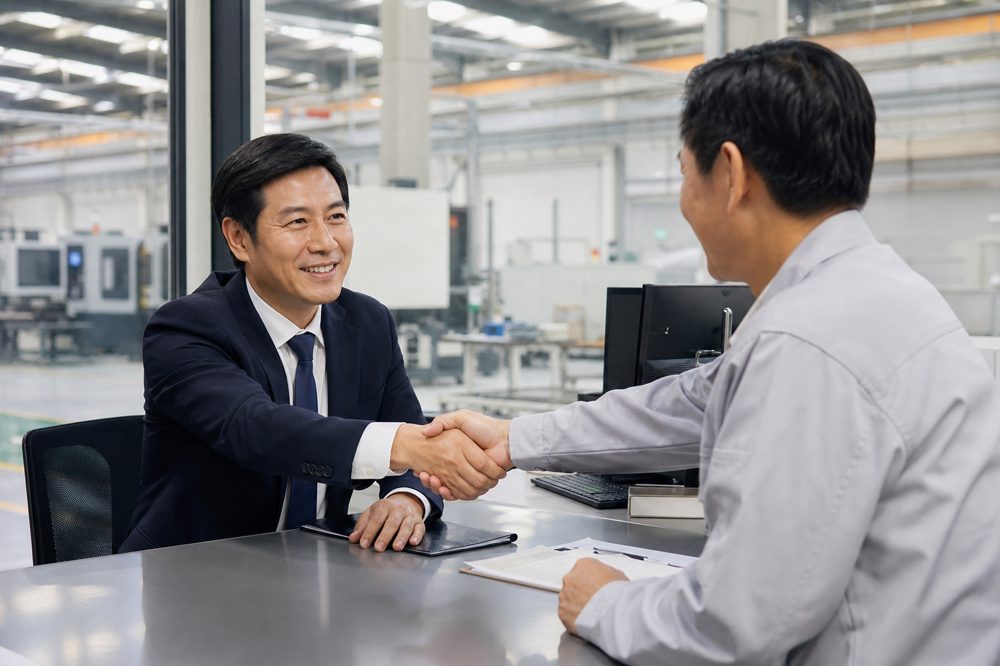 社労士と製造業工場長が明るいオフィスで握手している様子