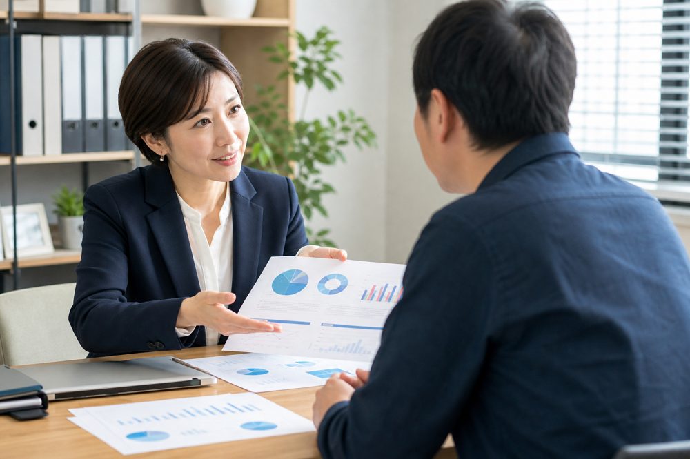 社労士が中小企業の経営者と机を挟んで人事評価制度の書類とグラフを確認している場面