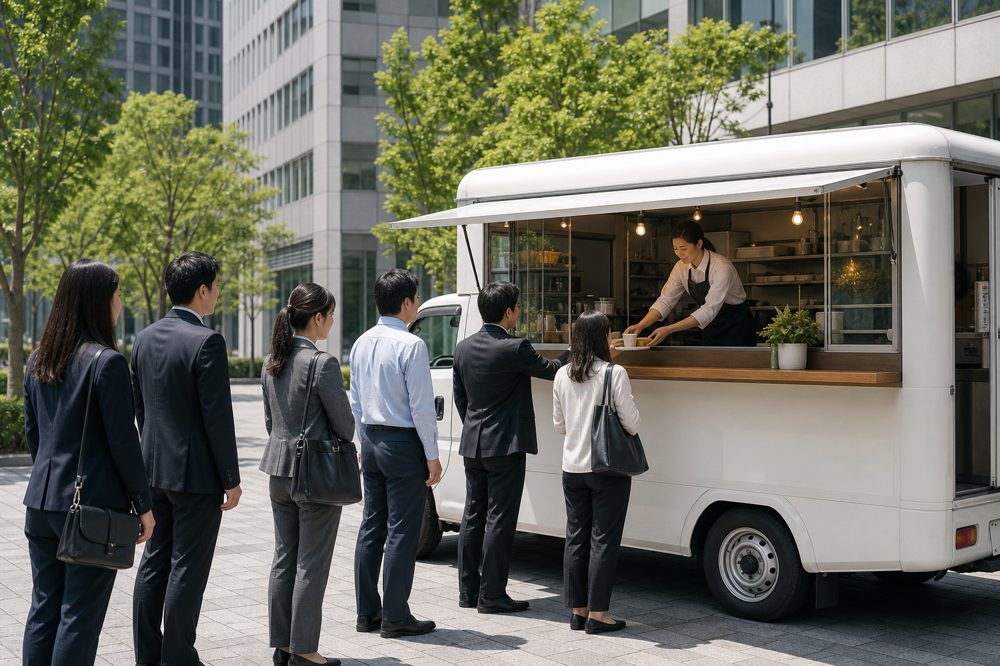 キッチンカーフランチャイズのランチ営業シーン・都市部のオフィス街