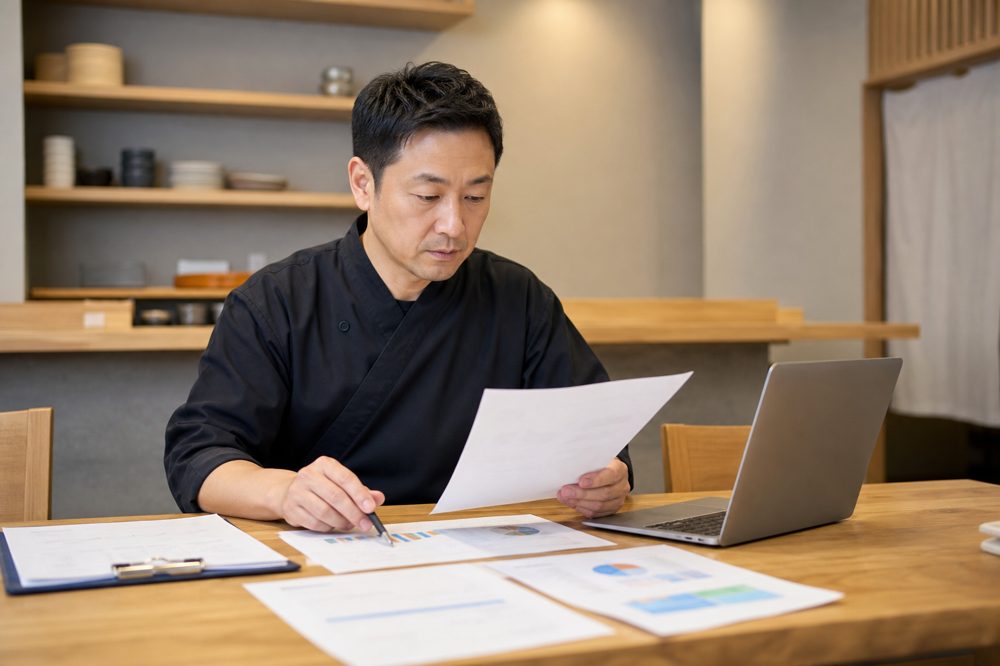 フランチャイズ開業準備中のオーナーが事業計画書を確認しているシーン
