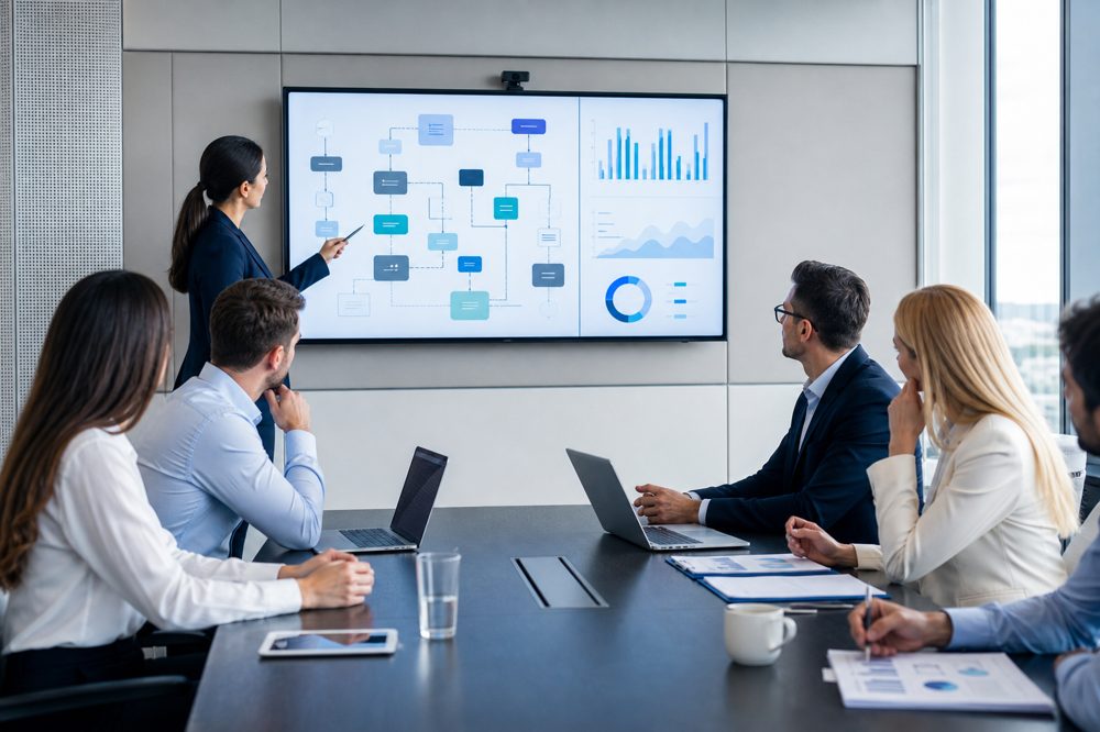 経理DXの進め方をチームで検討する企業の会議シーン