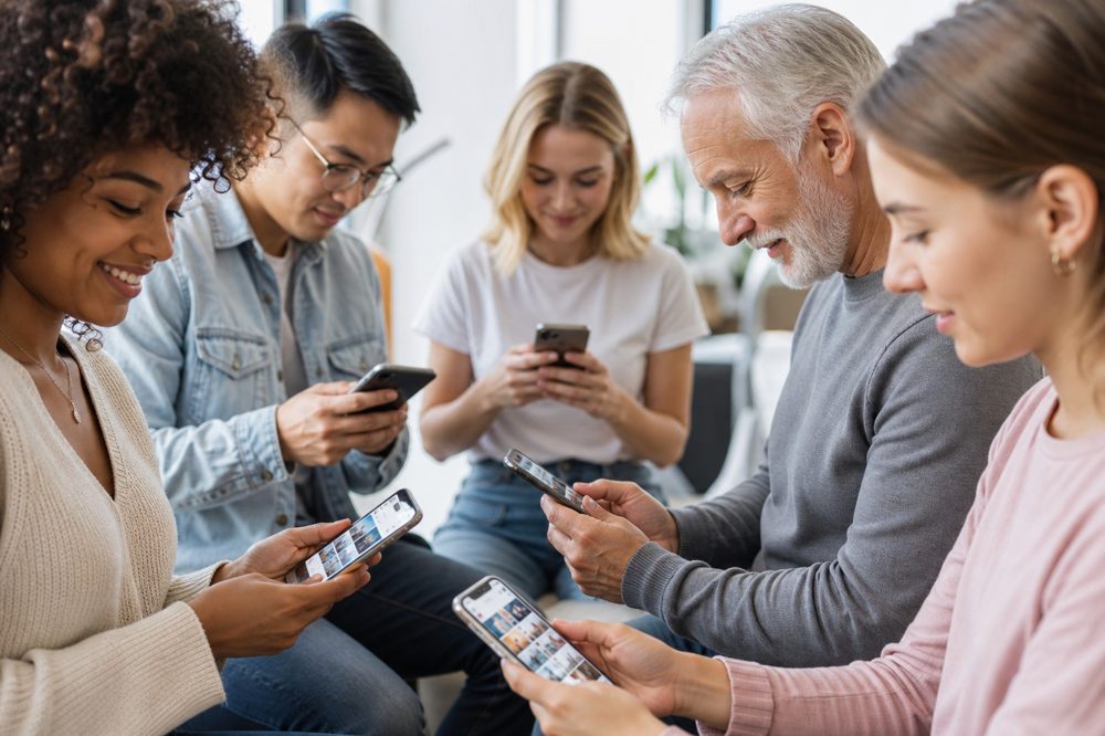 異なる年代の人々がスマートフォンでSNSを利用しているイメージ