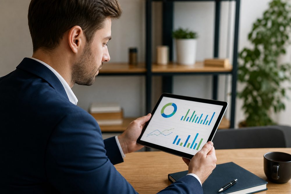 人材紹介コンサルタントがタブレットで紹介実績レポートを確認している場面
