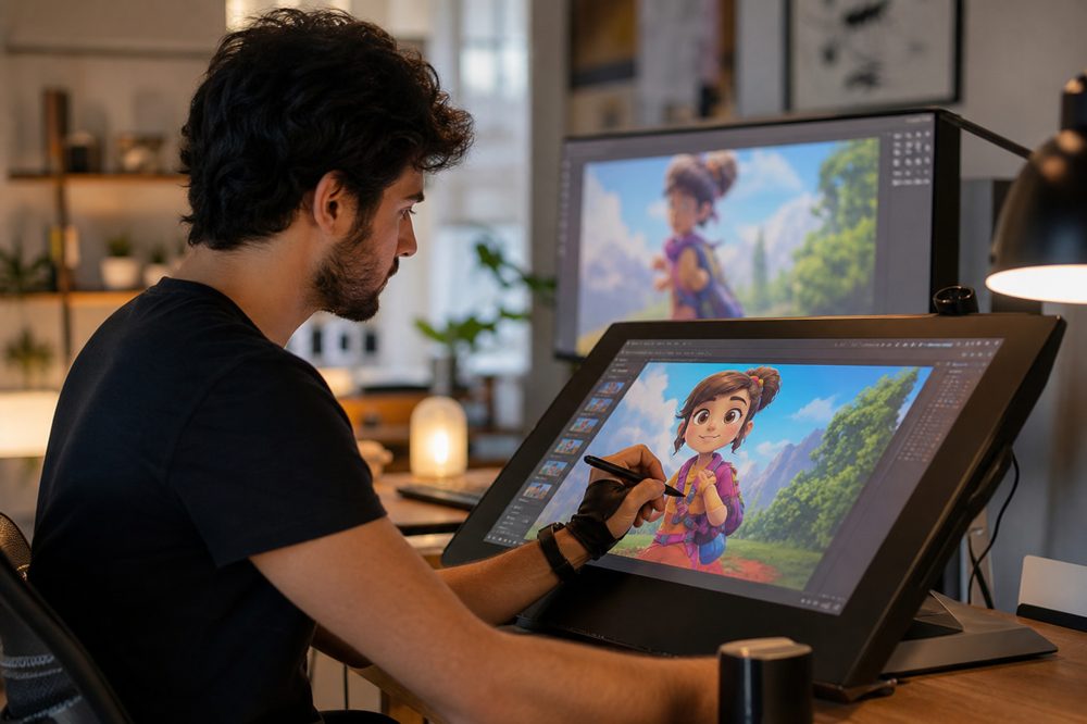 アニメーションPR動画の制作現場でタブレットを使って作業するアニメーター