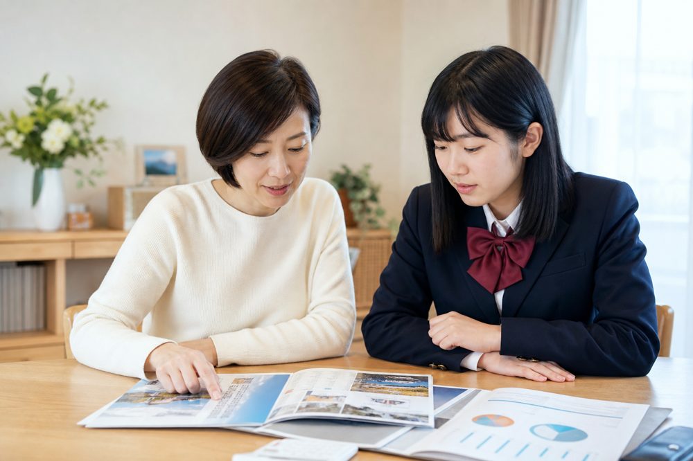 親子で声優・マンガ高校の費用を相談するシーン