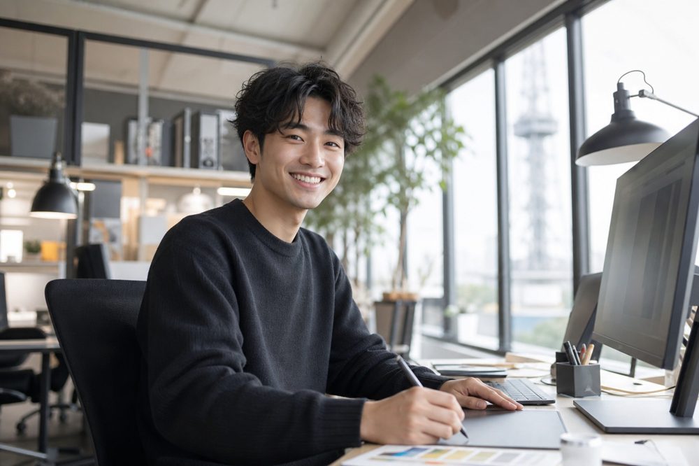 名古屋のクリエイタースタジオで自信を持って働く若者