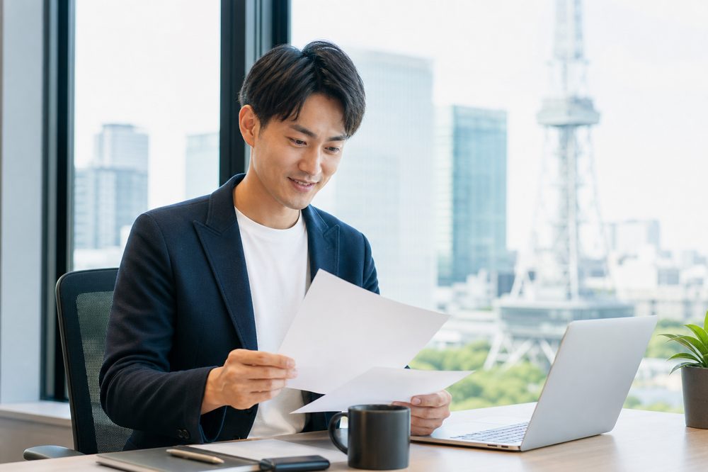 愛知で未経験転職を目指す若者が求人書類を確認している様子
