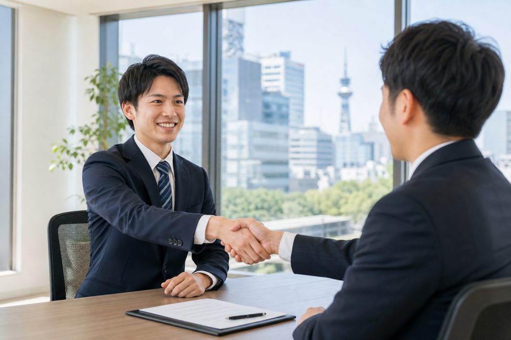愛知で内定を獲得し転職エージェントと握手する若者