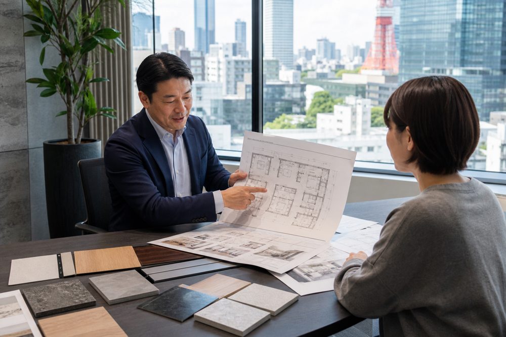 東京のオフィスリノベーション会社担当者とクライアントが設計図面とサンプルを確認している打ち合わせシーン