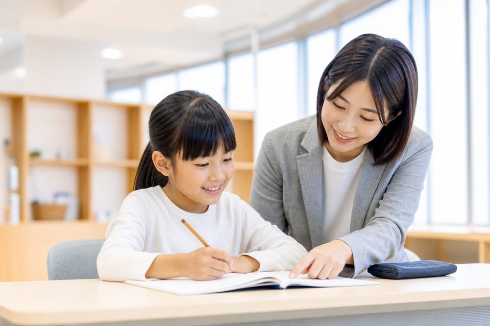 岡山市北区の学習塾で先生に指導を受ける小学生