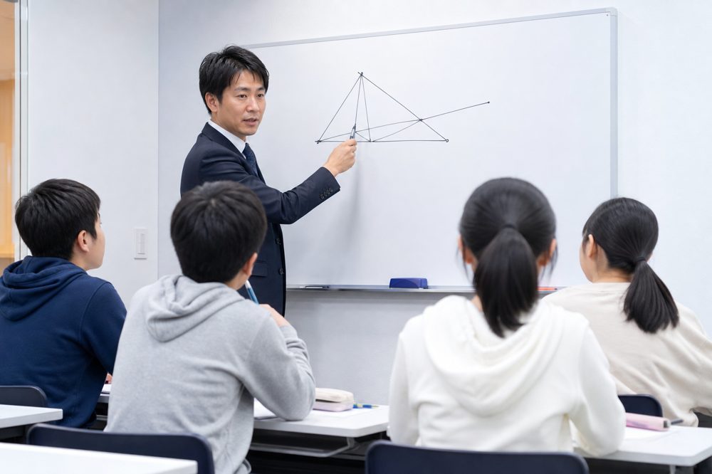 岡山の塾で黒板を使って数学を教える講師と中学生