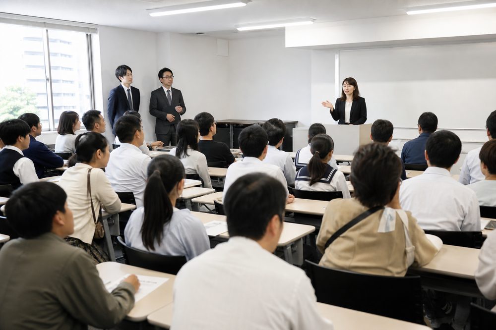 岡山の塾の説明会に参加する中学生と保護者たち