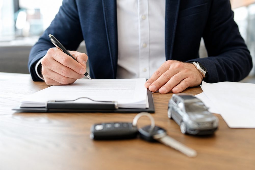 不動車の買取契約書にサインする人のイメージ