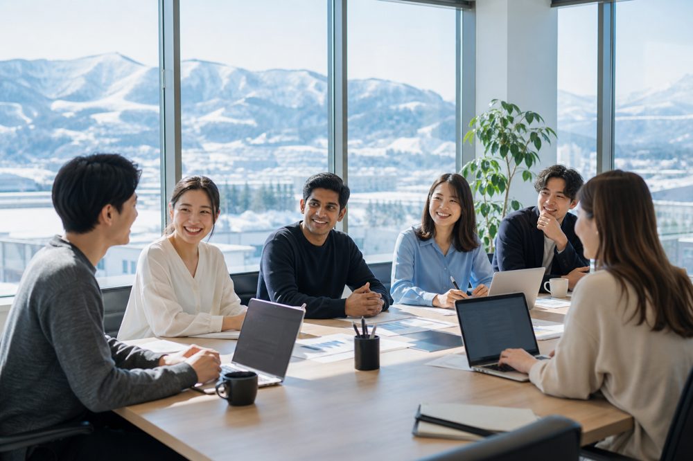 北海道の会社の会議室で働く若手社員たちの明るい職場の様子