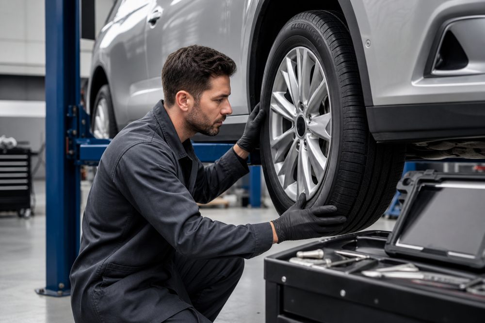 プロの整備士がリフトアップされた車のタイヤを点検している様子